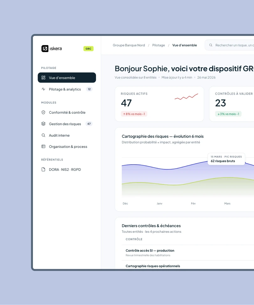 Tableau de bord de gestion des risques avec statistiques, carte des risques sur 6 mois, et contrôles à valider.
