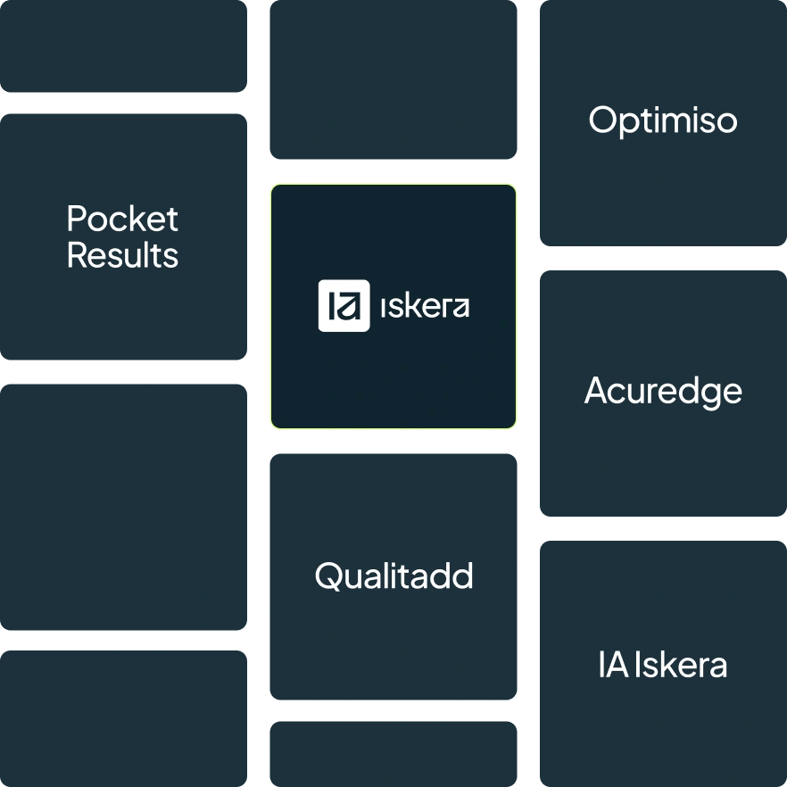 Carré central avec le logo IA Iskera entouré de cases avec les noms Pocket Results, Optimiso, Acuredge, Qualitadd, IA Iskera.