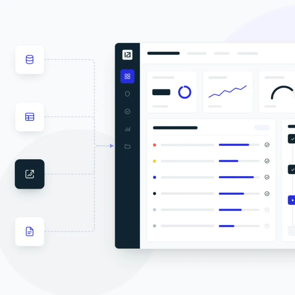 Interface d'un logiciel affichant des graphiques, des barres de progression et une colonne de navigation à gauche.