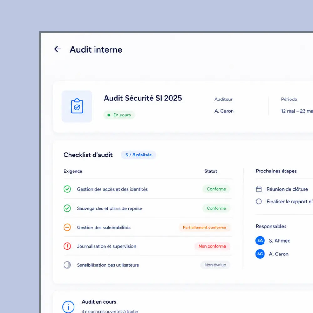 Interface d’audit interne 2025 avec checklist montrant statuts conforme, partiellement conforme et non conforme.