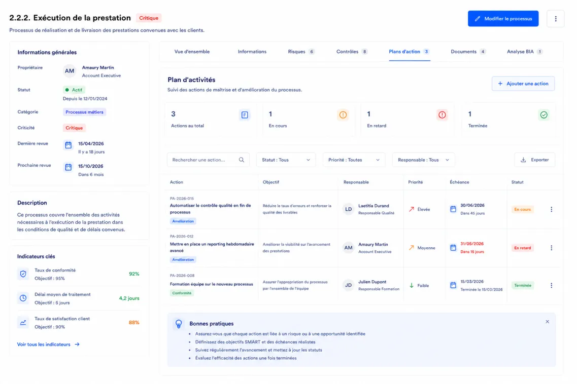 Tableau de bord d'exécution de prestation montrant statut, indicateurs clés et plan d'action avec 3 tâches et statuts variés.