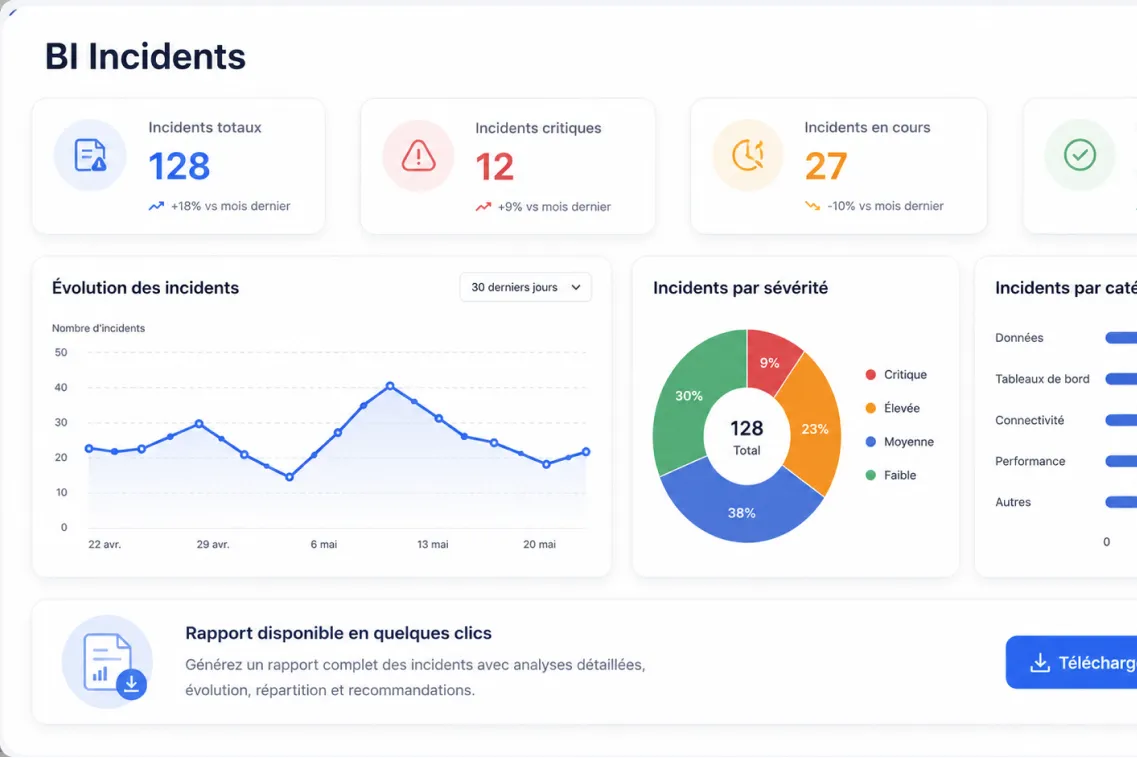 Tableau de bord BI montrant 128 incidents totaux, 12 critiques, 27 en cours, avec graphiques et rapport téléchargeable.