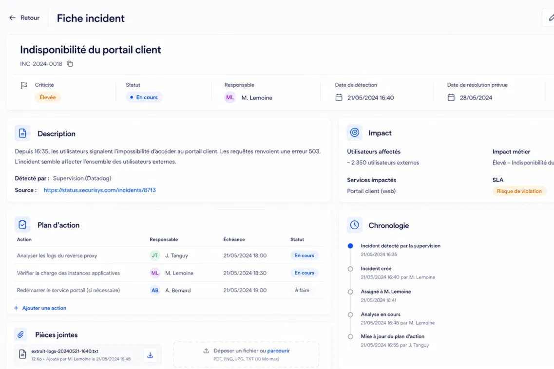 Fiche incident montrant une panne du portail client avec actions et chronologie en cours.