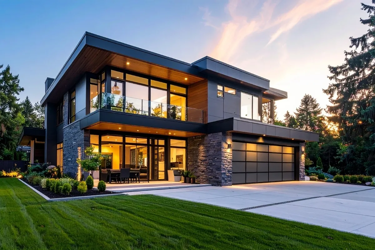 Maison moderne à deux étages avec grandes fenêtres, garage et pelouse verte au coucher du soleil.