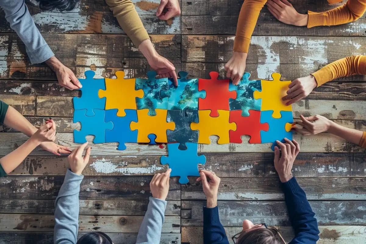 Des mains assemblent un puzzle coloré sur une table en bois usée.
