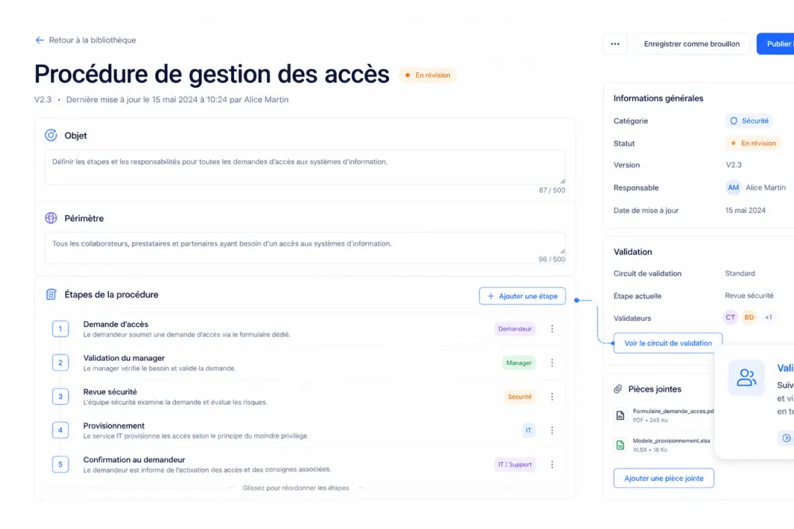 Interface de procédure de gestion des accès montrant étapes, validations, pièces jointes et informations générales.