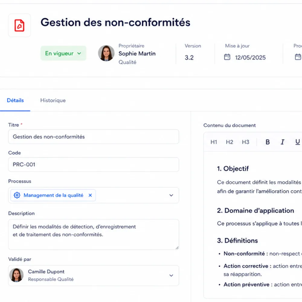 Interface de gestion des non-conformités avec détails, propriétaire, version, et contenu du document qualité.