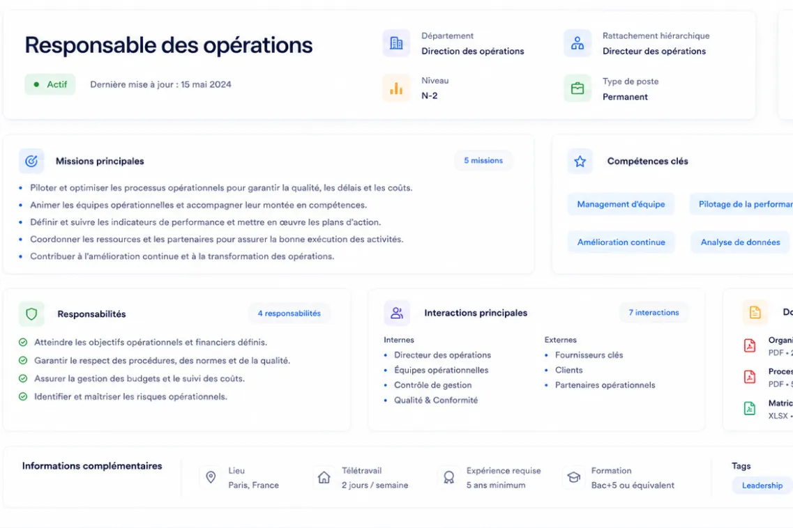 Fiche de poste pour responsable des opérations avec missions, responsabilités, compétences, et infos clés à Paris.