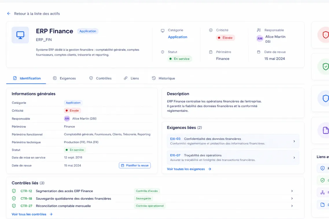 Interface de gestion ERP Finance affichant les détails, statuts, contrôles et exigences liés à l'application.
