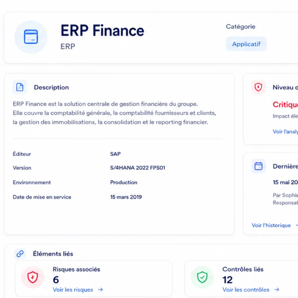 Détails de ERP Finance: solution SAP S/4HANA 2022, production depuis mars 2019, 6 risques, 12 contrôles associés.