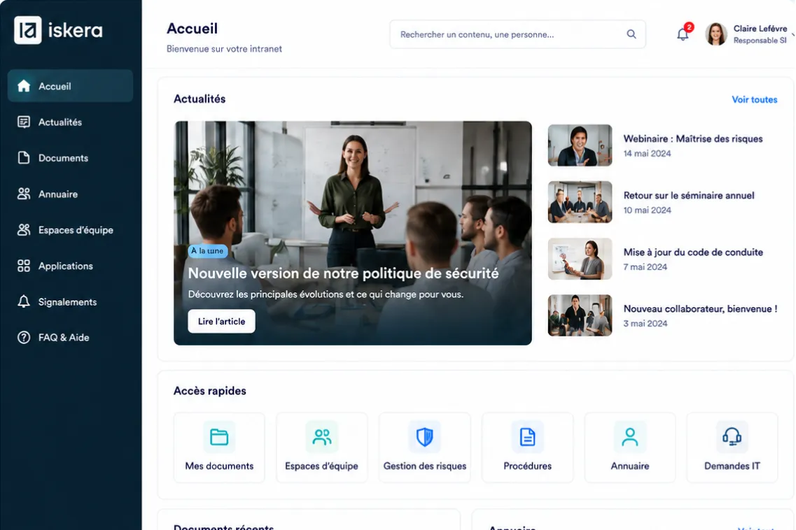 Tableau de bord intranet avec actualités, accès rapides à documents, équipes, gestion des risques, procédures.