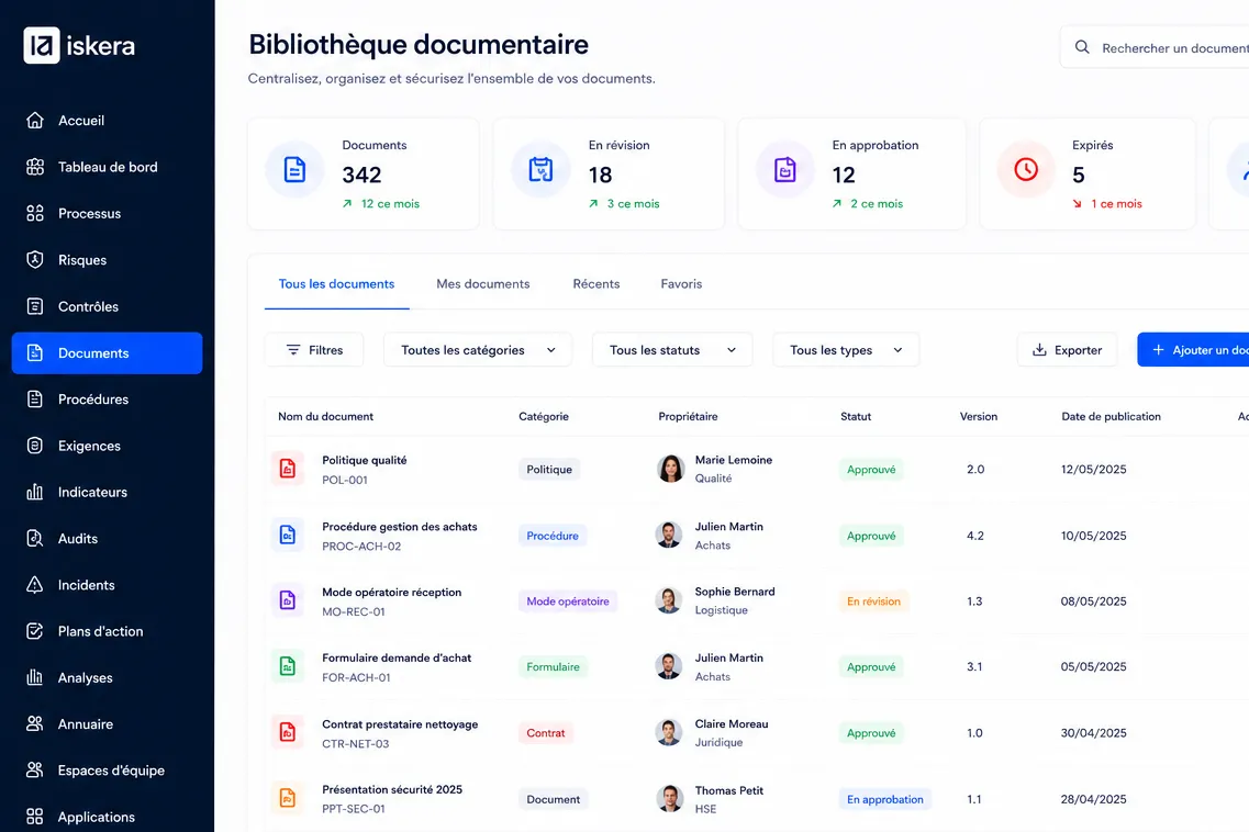 Bibliothèque documentaire montrant documents avec statuts, catégories, propriétaires et dates de publication.