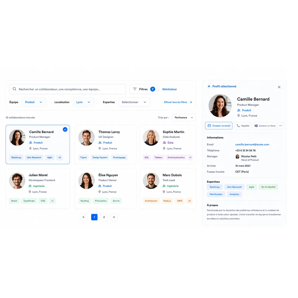 Interface intranet affichant une liste de collaborateurs avec filtres et profil sélectionné de Camille Bernard.