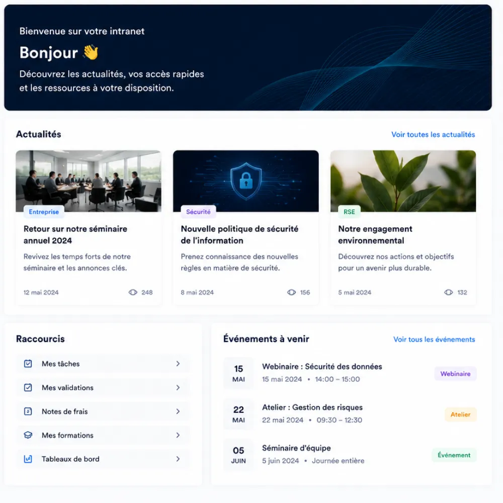 Tableau de bord intranet avec actualités, raccourcis et événements à venir en mai et juin.