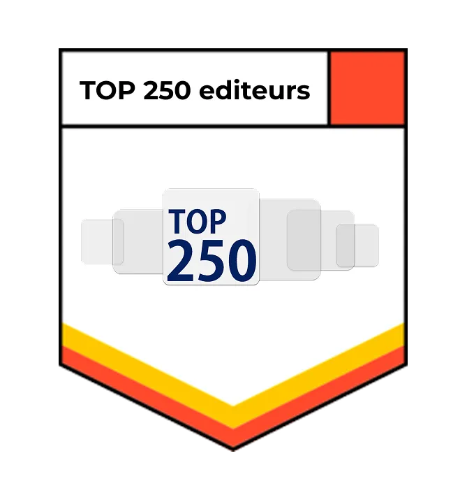 Badge avec texte Top 250 éditeurs sur fond blanc avec bandes rouges et jaunes en bas.