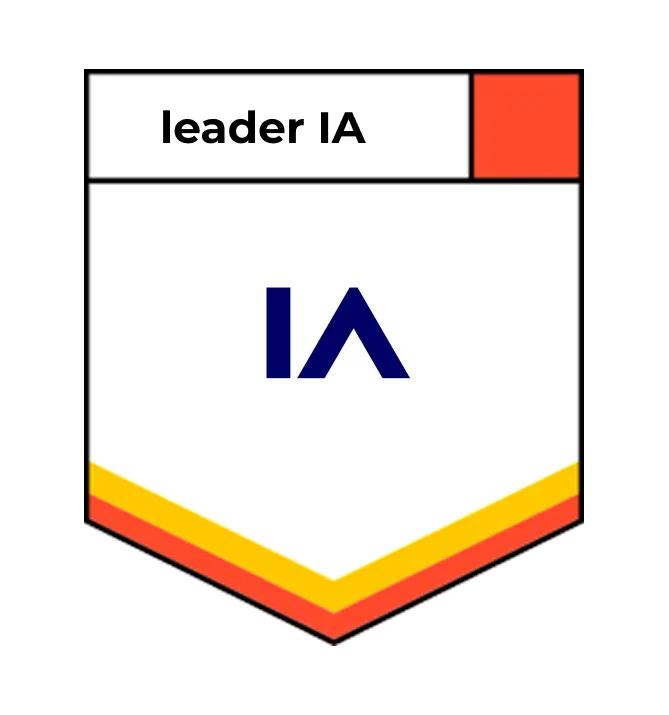 Insigne blanc avec texte leader IA et un logo IA bleu au centre, bordure jaune et orange en bas.