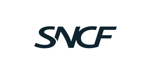 Logo noir et blanc de SNCF avec un fond blanc incurvé.