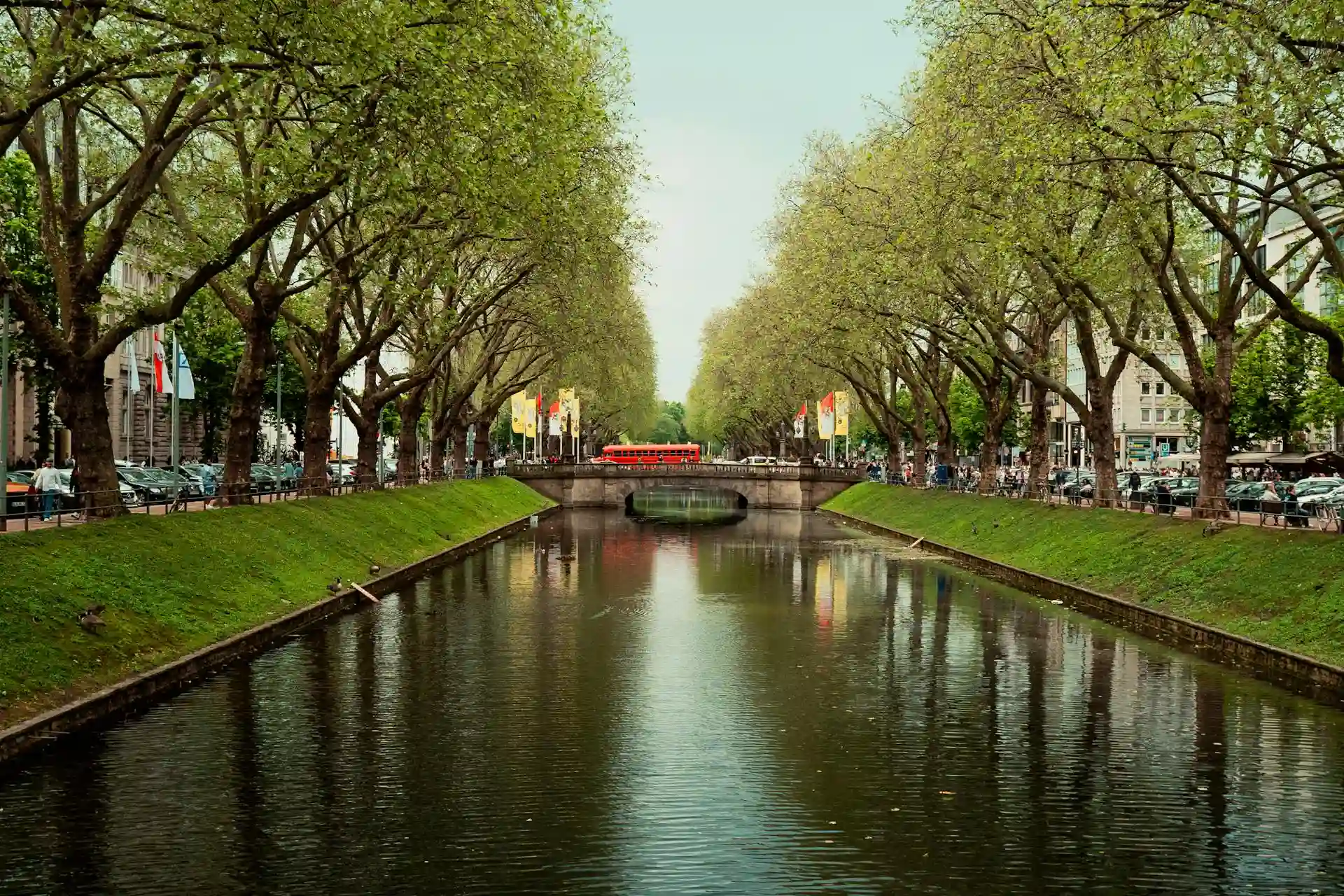 Escort Düsseldorf: Blick auf die Königsallee mit Stadtgraben und Baumallee