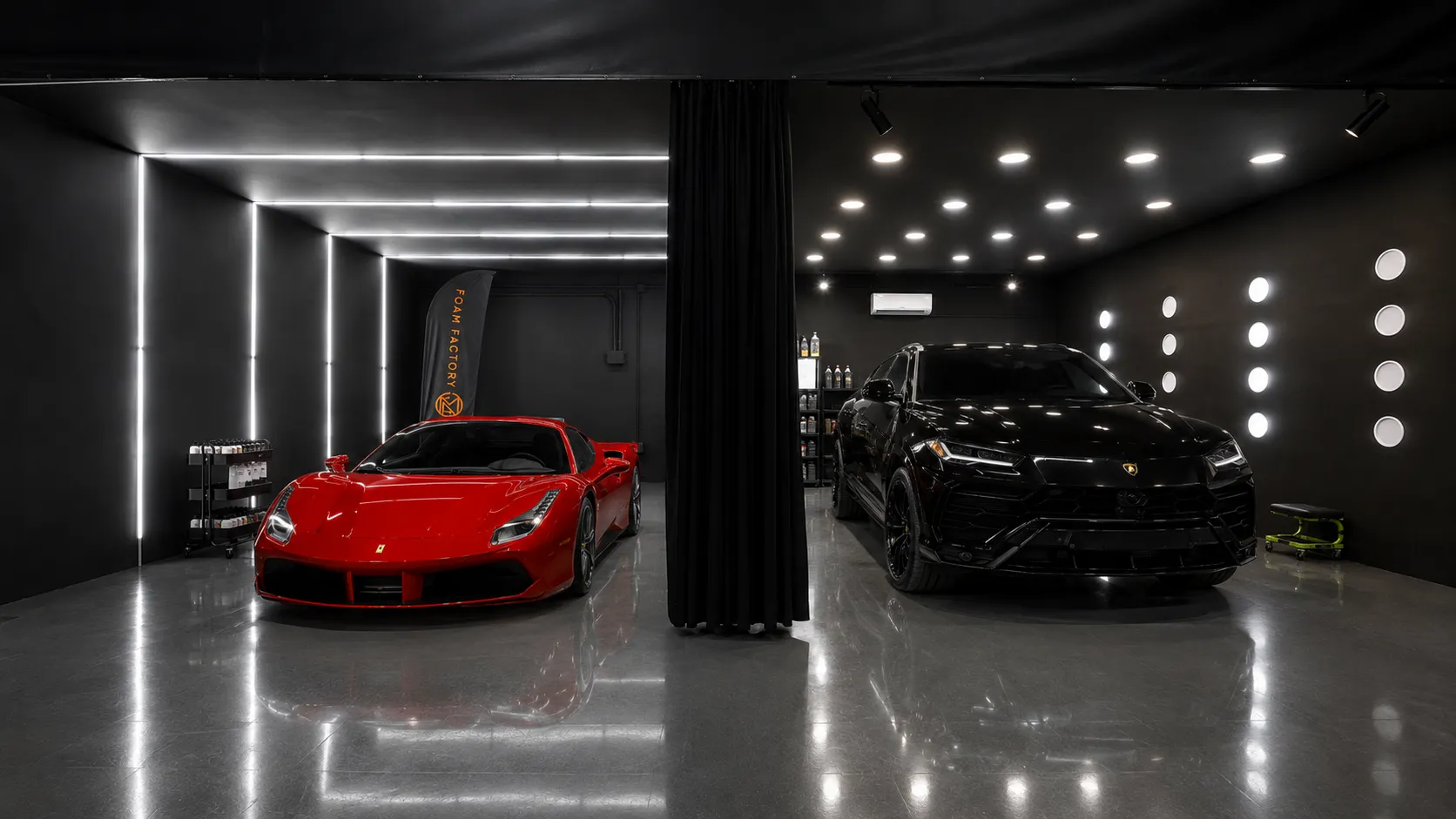 Ferrari rojo y Lamborghini en las instalaciones de Foamfactory para detailing profesional