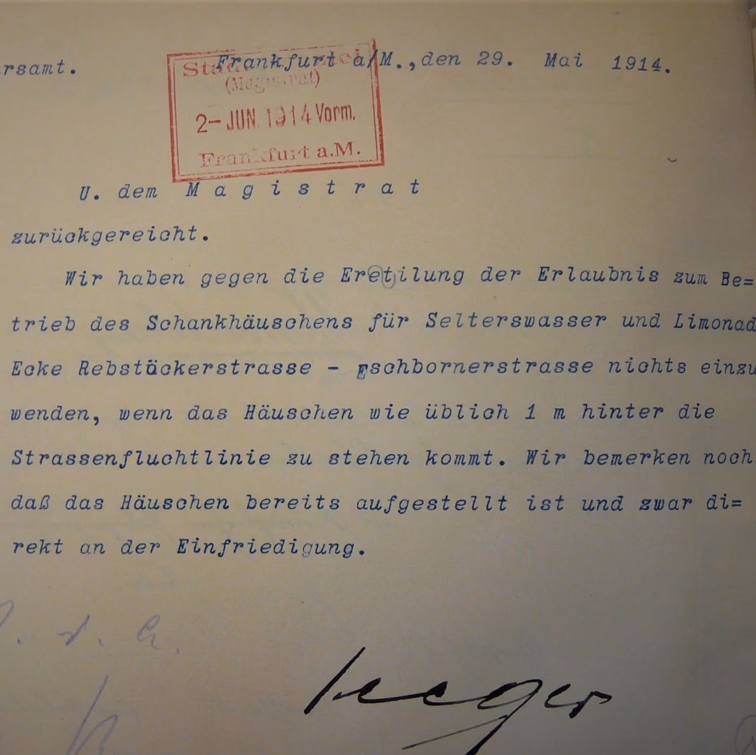 Amtliches Schreiben des Frankfurter Magistrats von 1914 zur Genehmigung eines Schankhäuschens für Selterswasser und Limonade