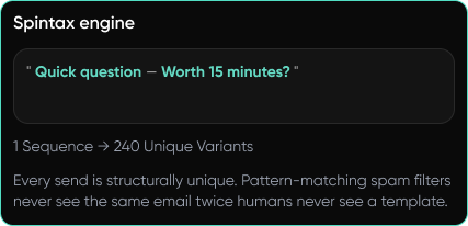 Spintax engine interface showing a phrase, unique variant count, and message about email uniqueness.
