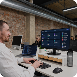 Man working on laptop and desktop with data charts in modern office with exposed brick walls.