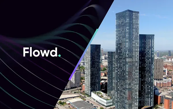 Flowd logo on dark background with abstract lines next to tall, modern glass buildings in a cityscape.