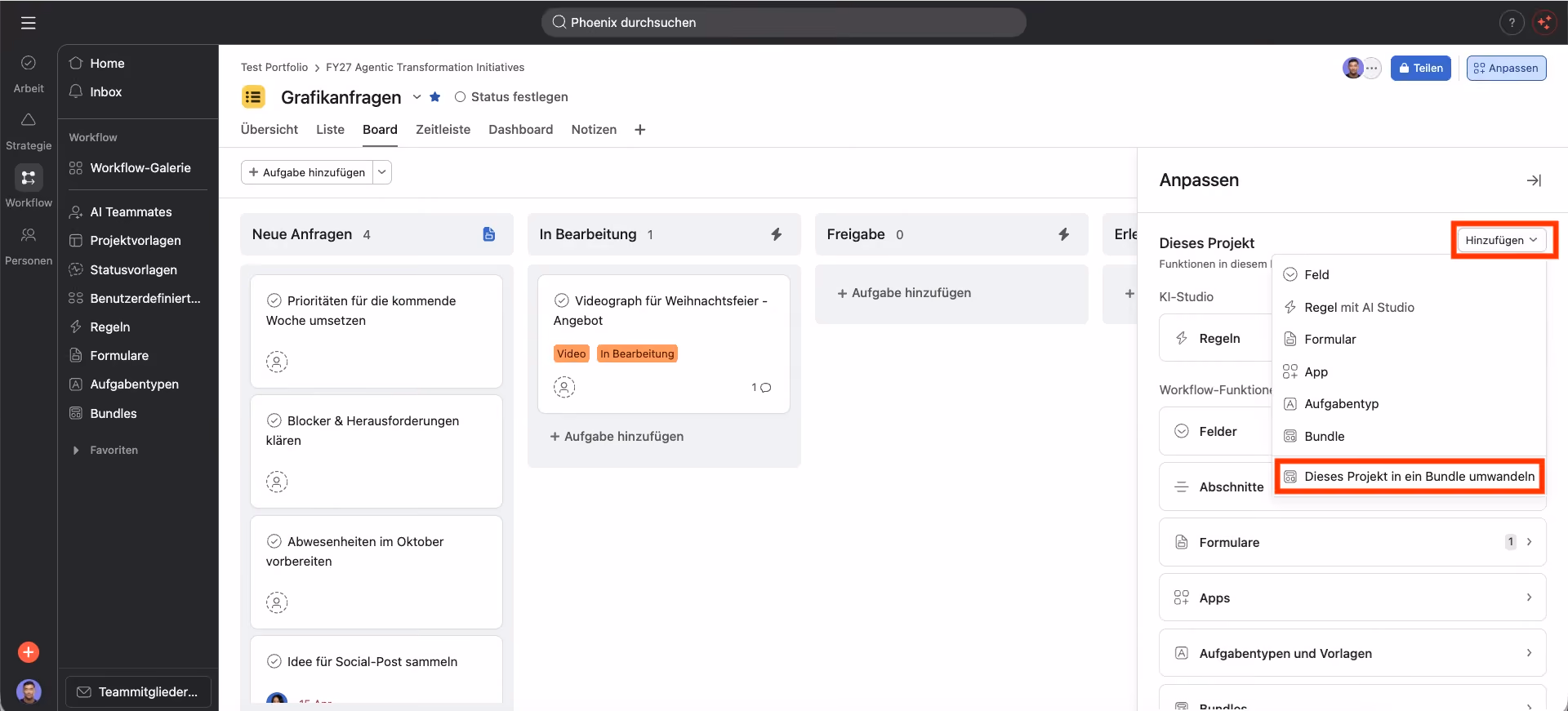 Asana Projekt in Bundle umwandeln 