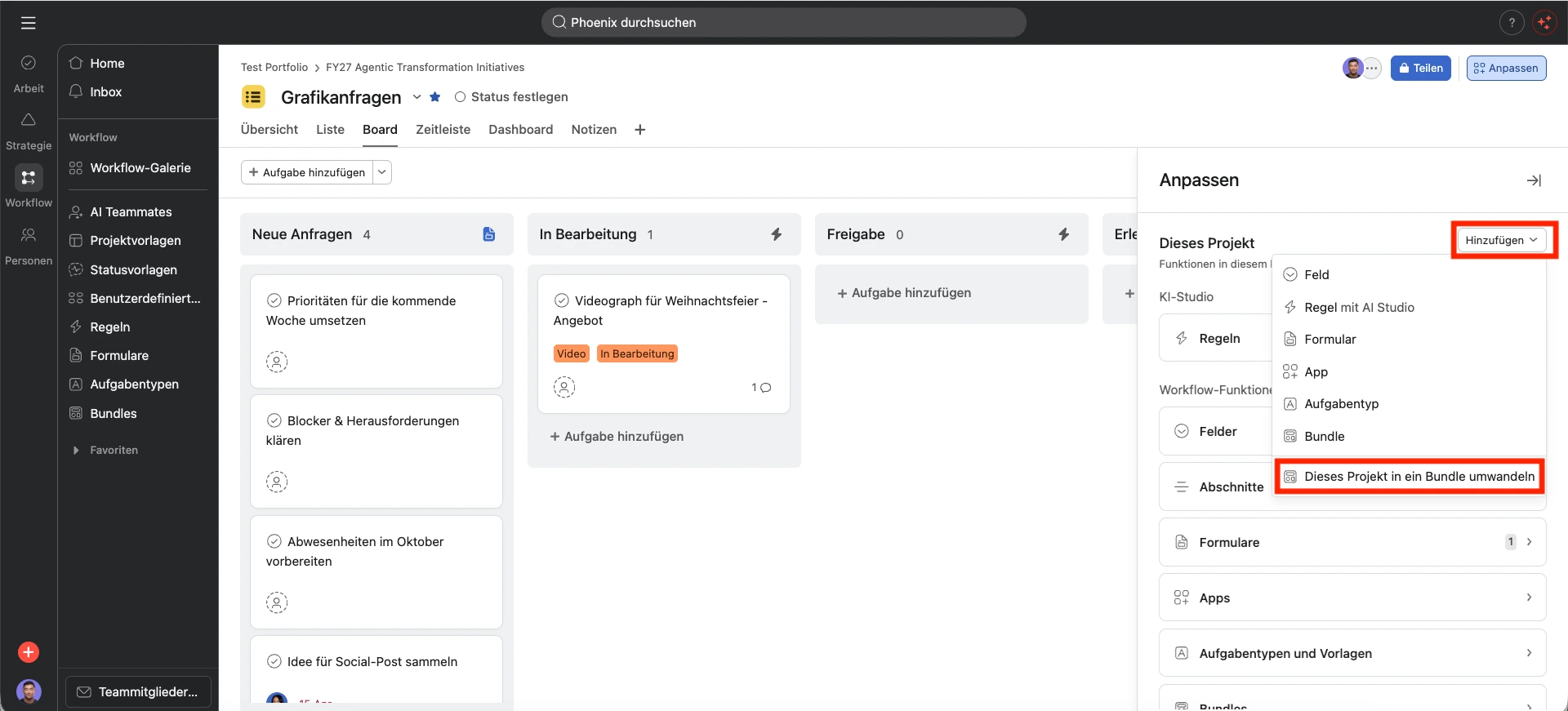 Asana Projekt in Bundle umwandeln