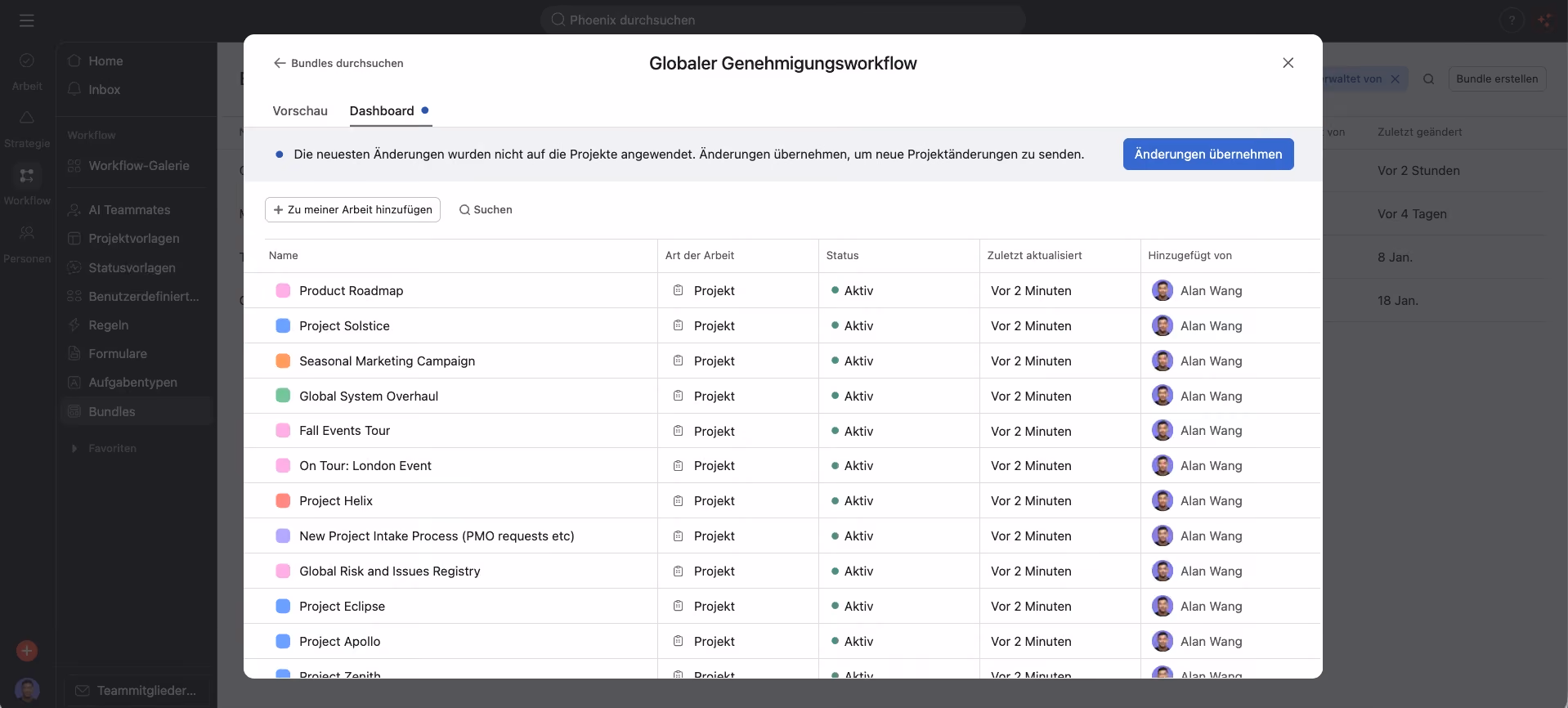 Asana Bundle auf Projekte anwenden