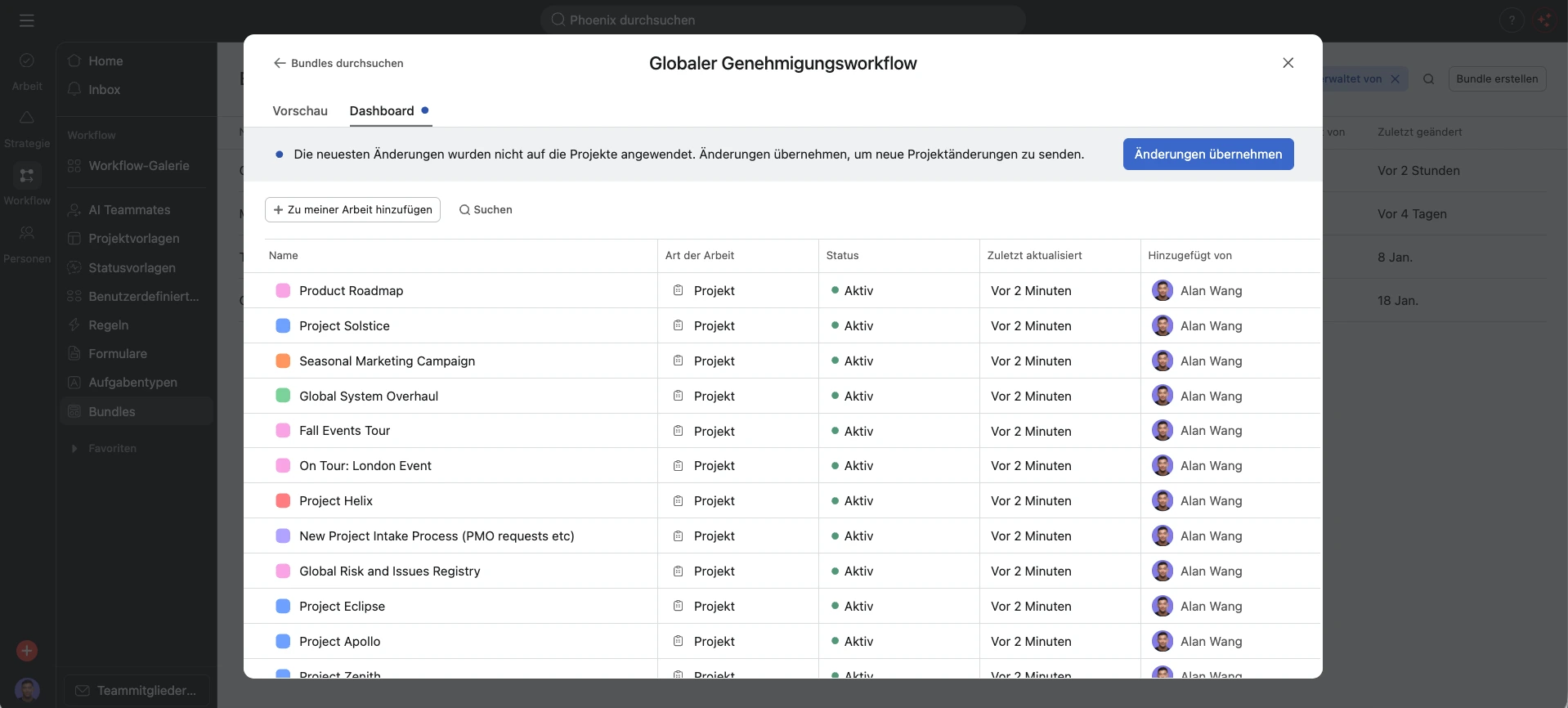 Asana Bundle auf Projekte anwenden 