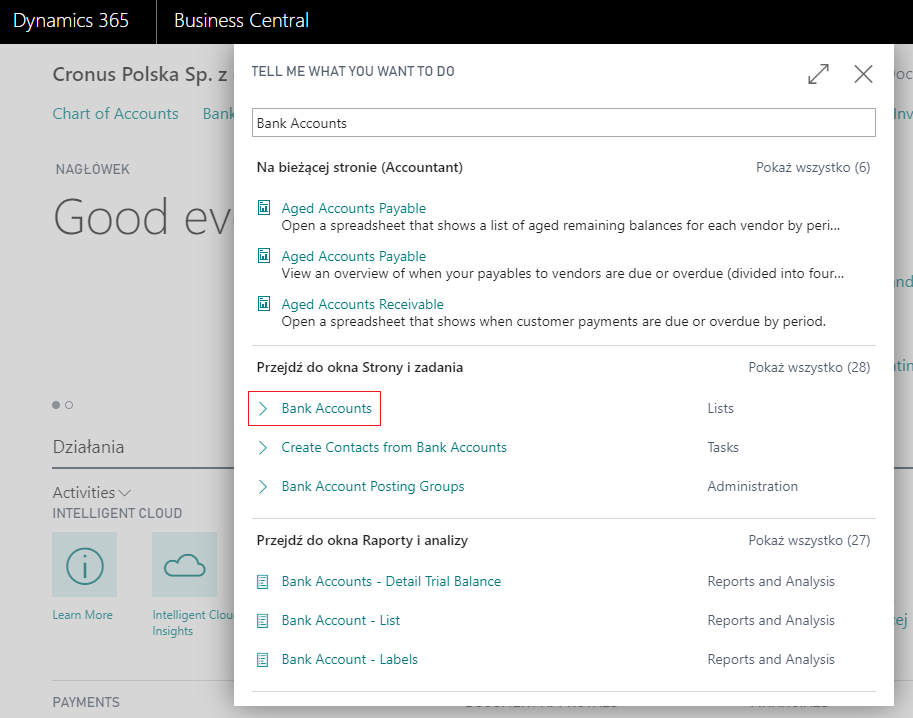 A screenshot showing how to find the Bank Accounts list in Business Central