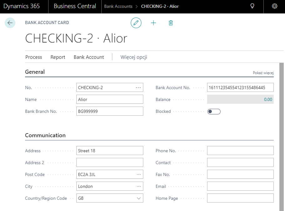 A screenshot showing how to add a new bank account in Business Central