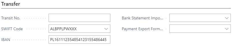 A screenshot showing the Transfer tab in the bank account card in Business Central
