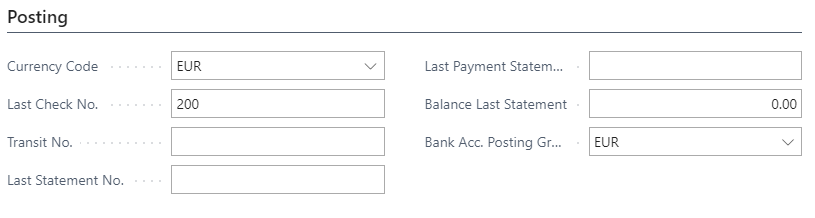 A screenshot showing the Posting tab in the bank account card in Business Central