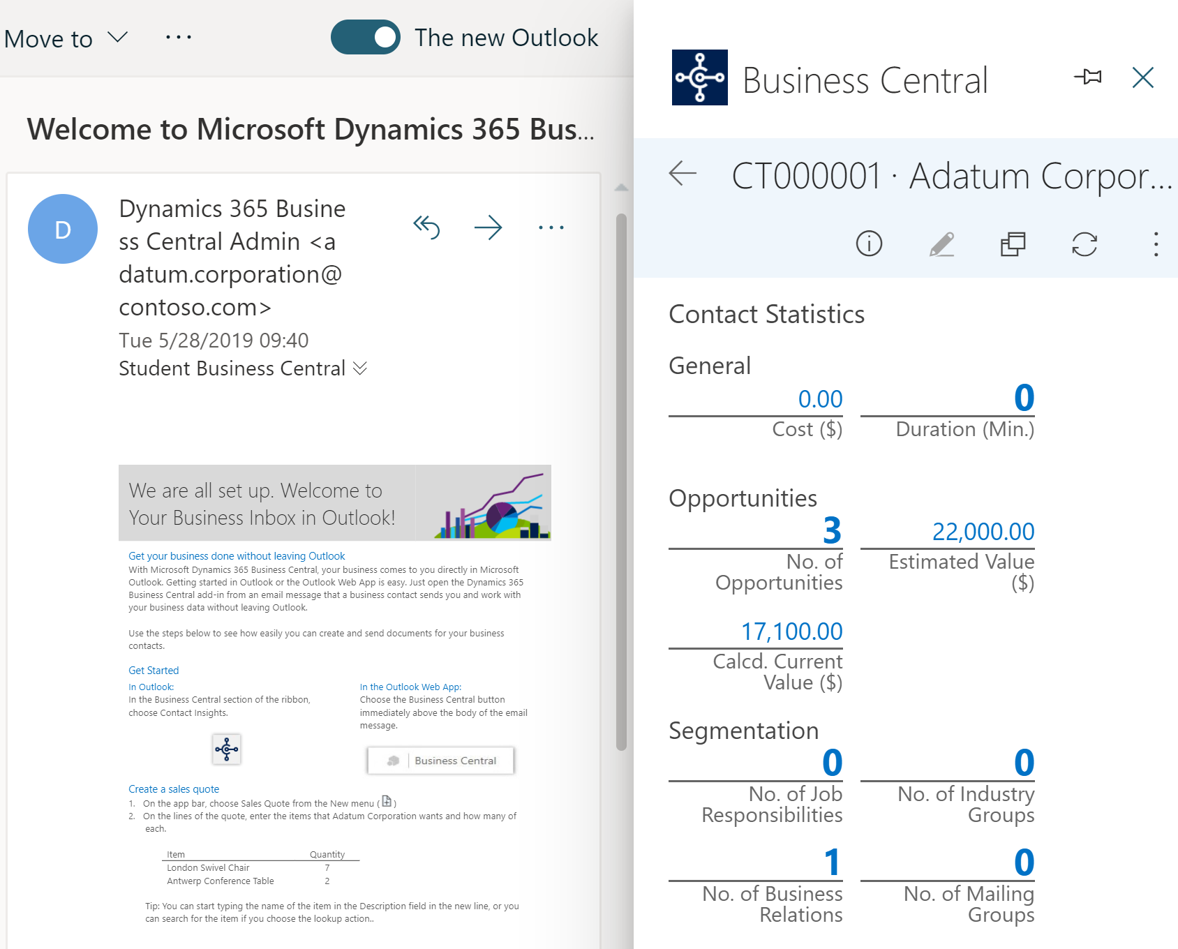 A screenshot demonstrating how Business Central can be integrated with Outlook