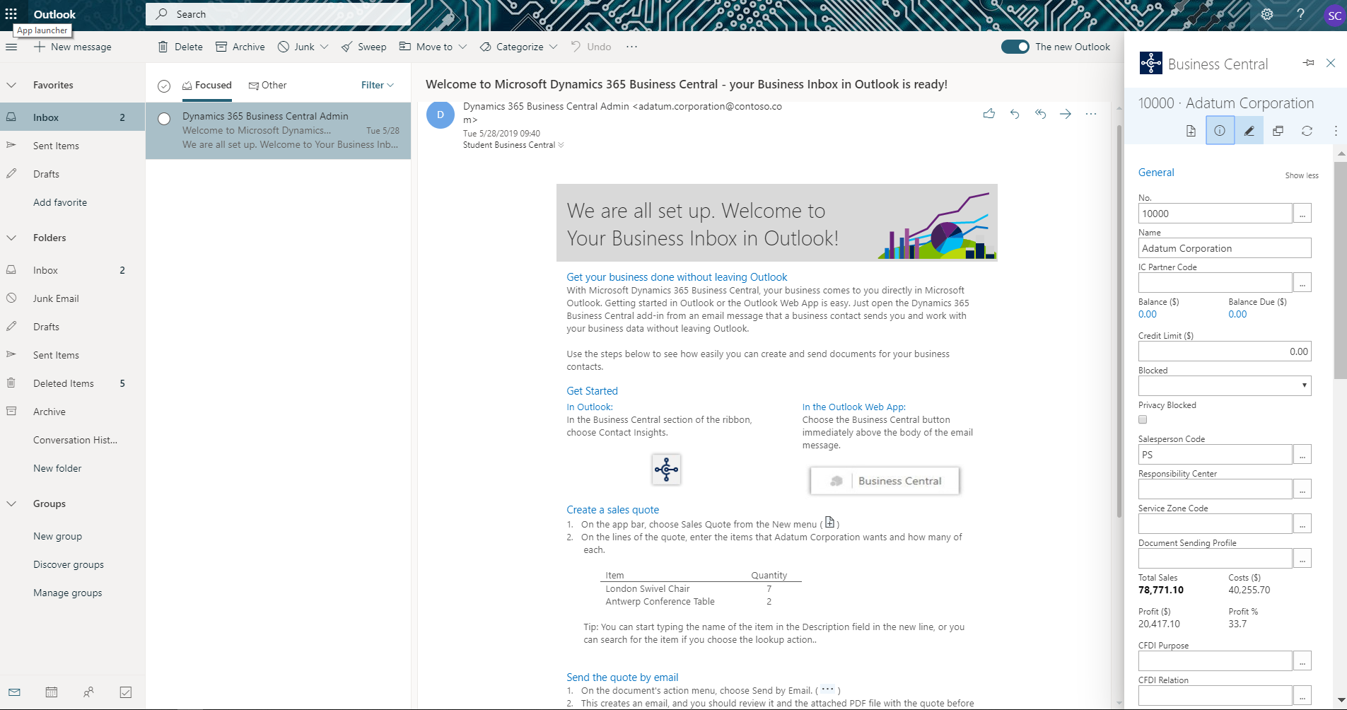A screenshot showing how the Business Central integration with Outlook allows to add and edit customer data directly from a received email.
