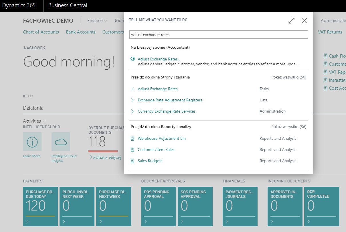A screenshot showing how to adjust exchange rates in Business Central by running a batch job