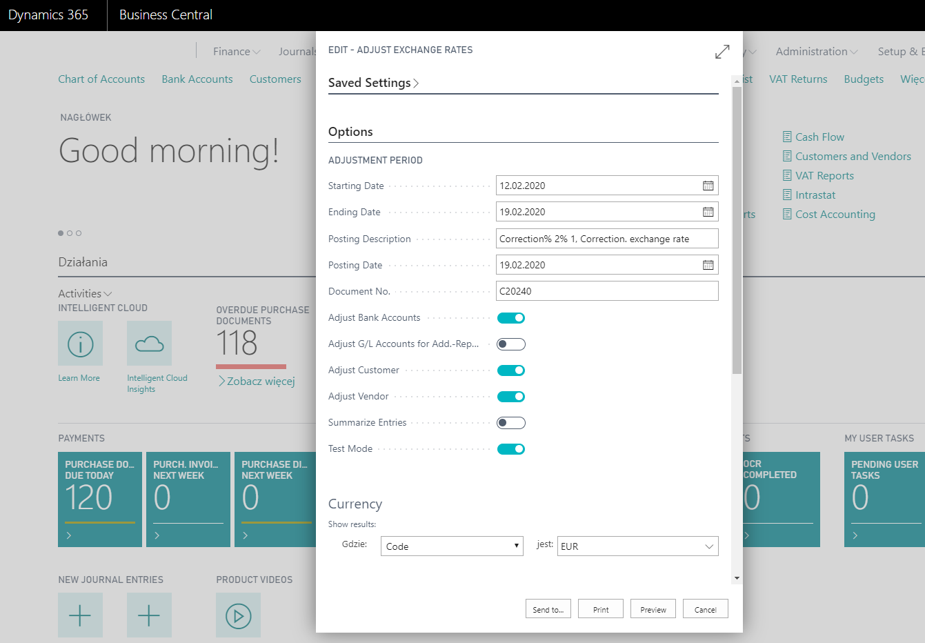 A screenshot depicting the exchange rate adjustment settings in Business Central