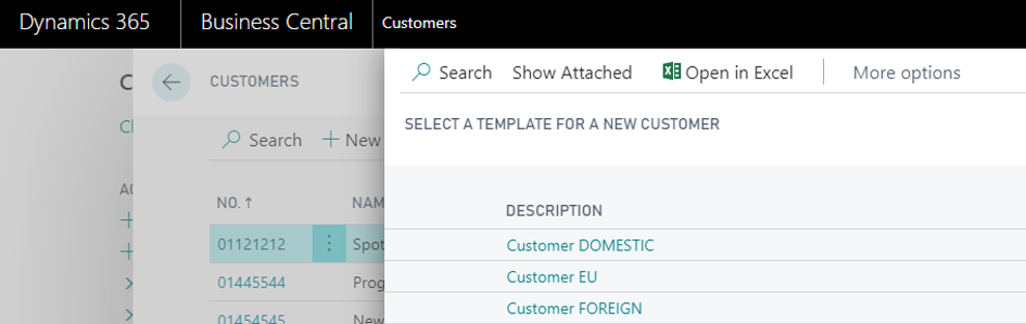 Screenshot of the customer card template section in Business Central.