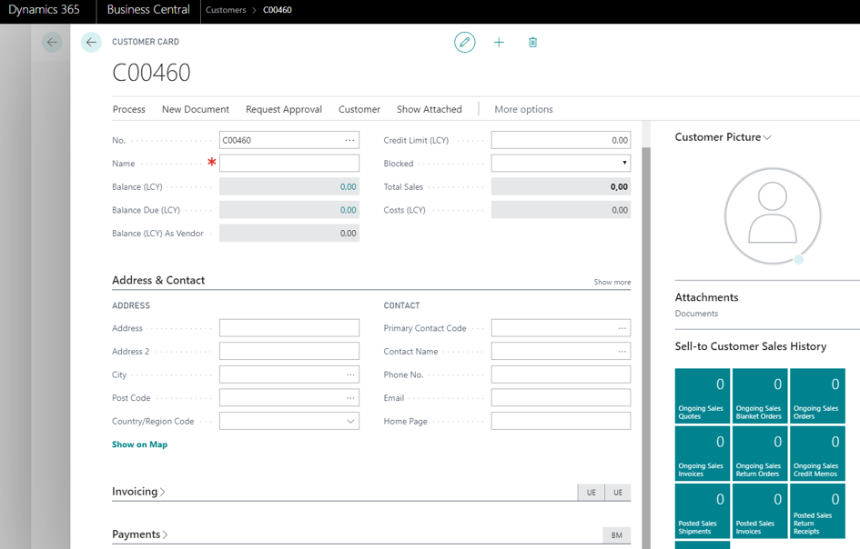 Screenshot of an empty customer card in Business Central.