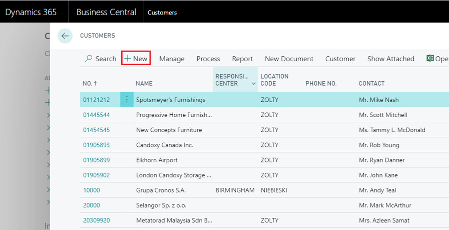 Screenshot of the Customers list in Business Central.