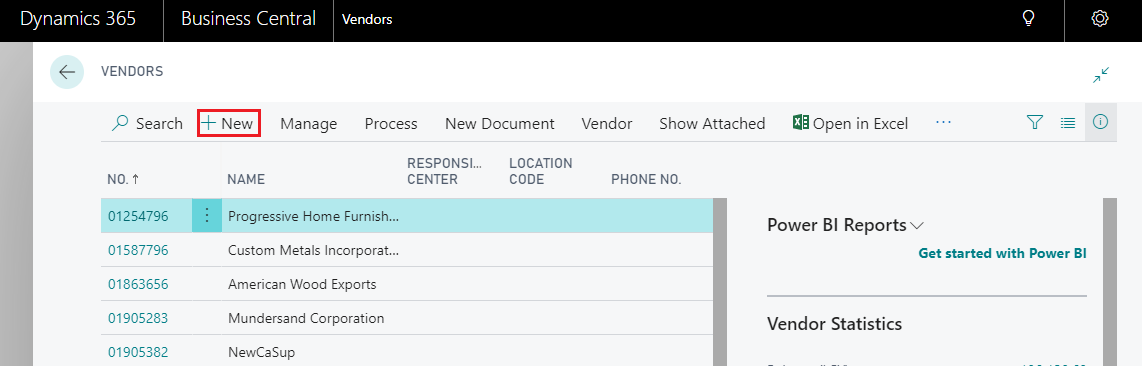 creenshot of the Business Central Vendors list with the New button highlighted to add a new vendor.