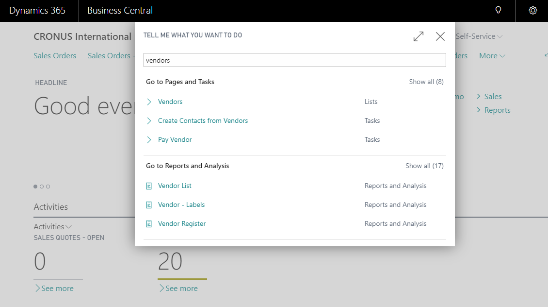 Screenshot of Business Central search bar showing results for vendors, including tasks and reports.