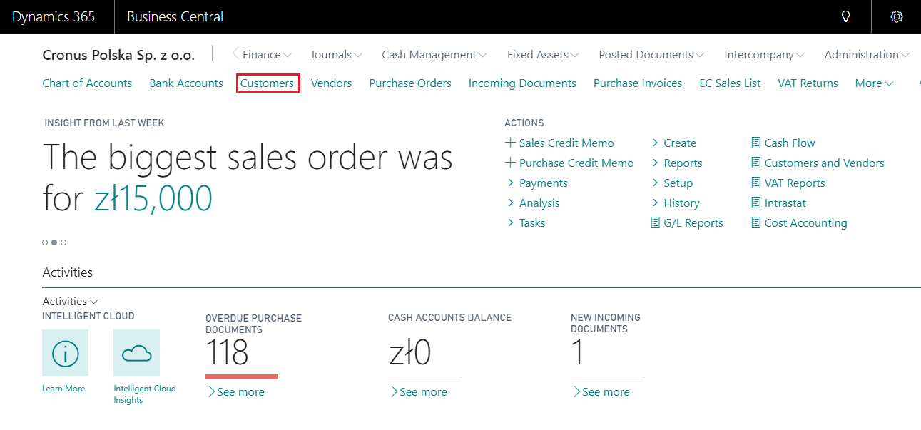 Screenshot of Business Central dashboard showing company overview with highlighted Customers menu.