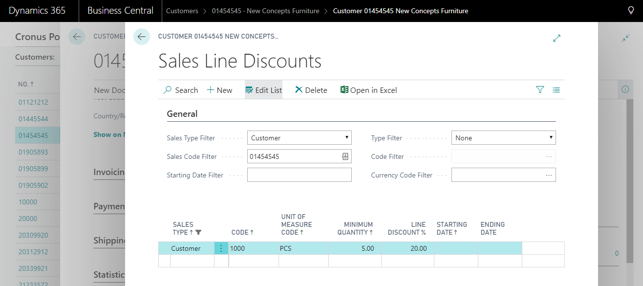 Screenshot of the Sales Line Discounts window in Business Central.