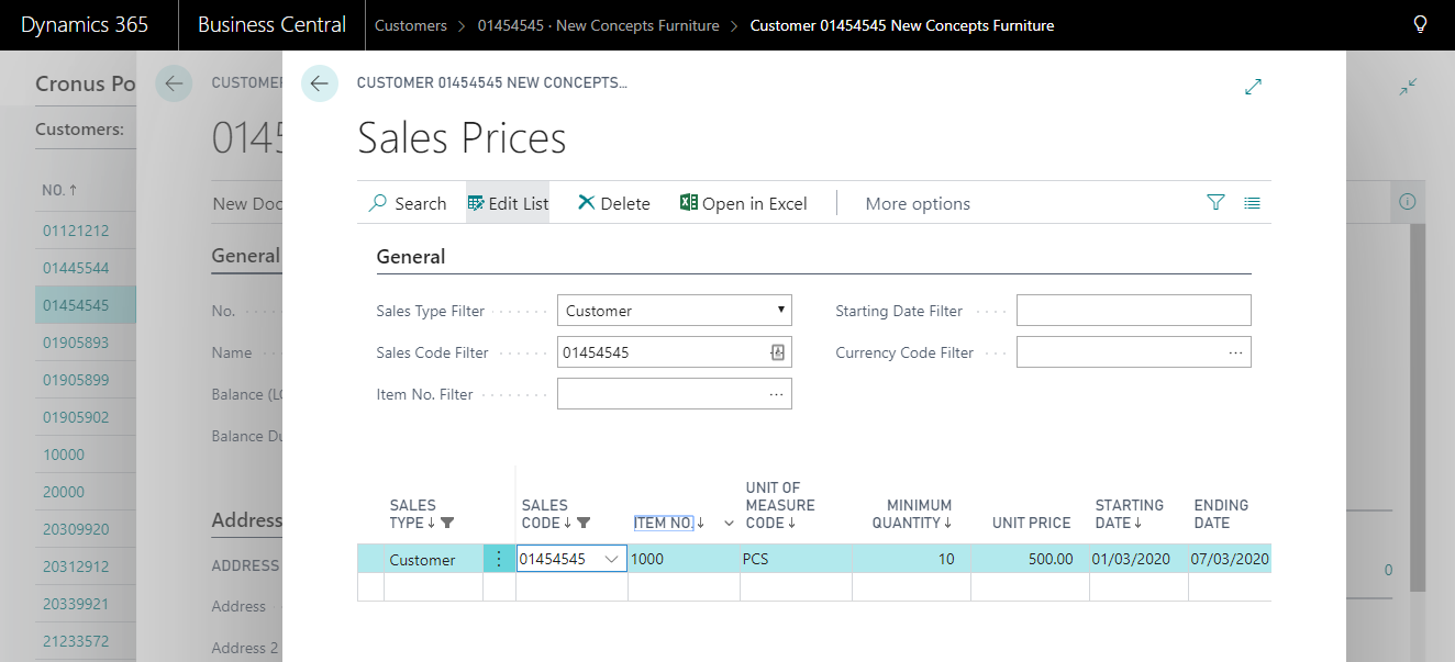 Screenshot of the Sales Prices window in Business Central.