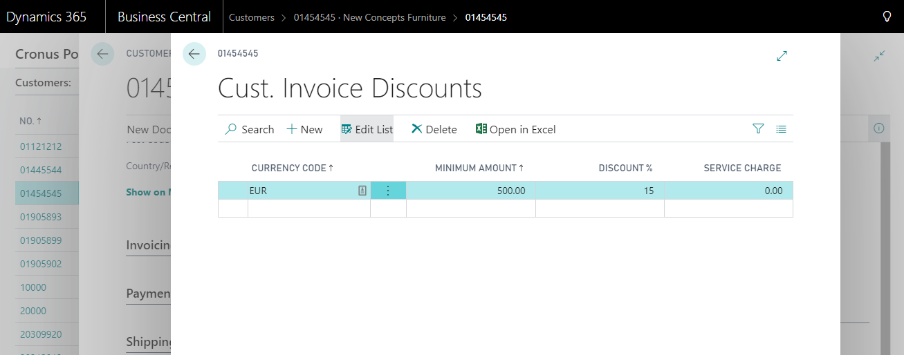 Screenshot of the Customer Invoice Discounts window in Business Central.