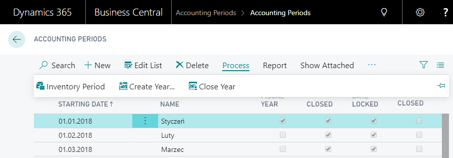 Screenshot of the Business Central accounting periods page with process options to create or close a fiscal year.