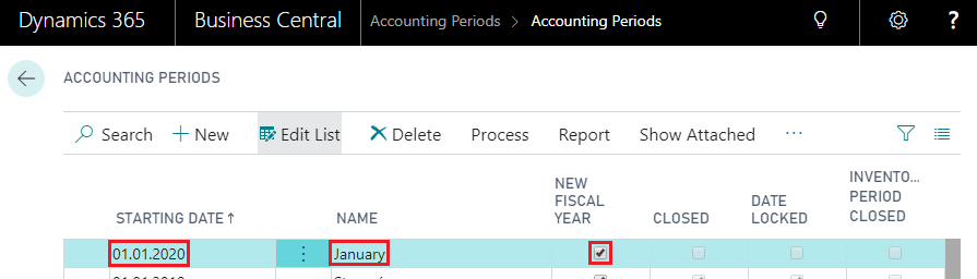 Screenshot of the Business Central accounting periods list with January selected as the starting month for the new fiscal year.